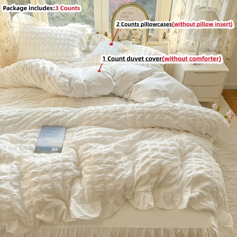 White, Pink Seersucker Lace Bedding 3pcs Set Soft Duvet Cover And Pillowcases
