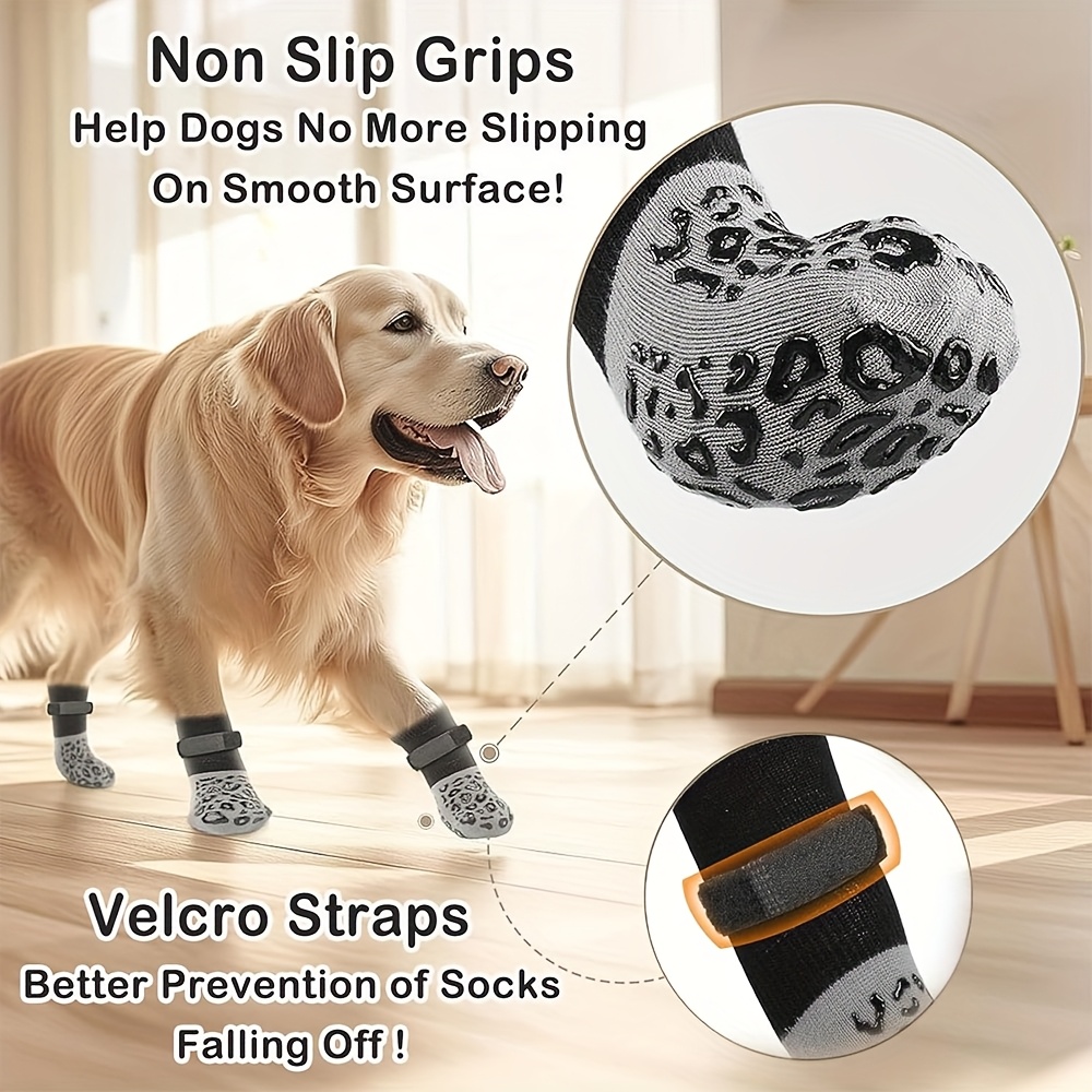 set of 4 non slip dog socks designed to prevent licking and biting of hardwood floors featuring   and claw protection to avoid scratches