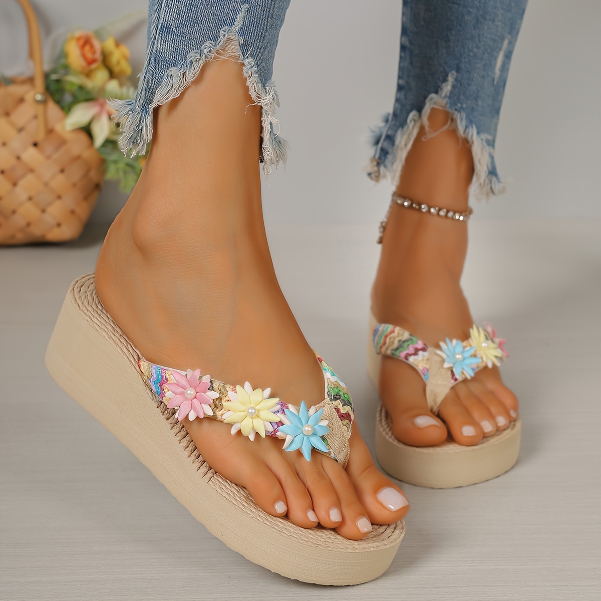 TEMU 5cm Raffia Wedge Slip-on Slippers For Women, Thick-soled Summer Slippers With Toe Post, Women Shoes