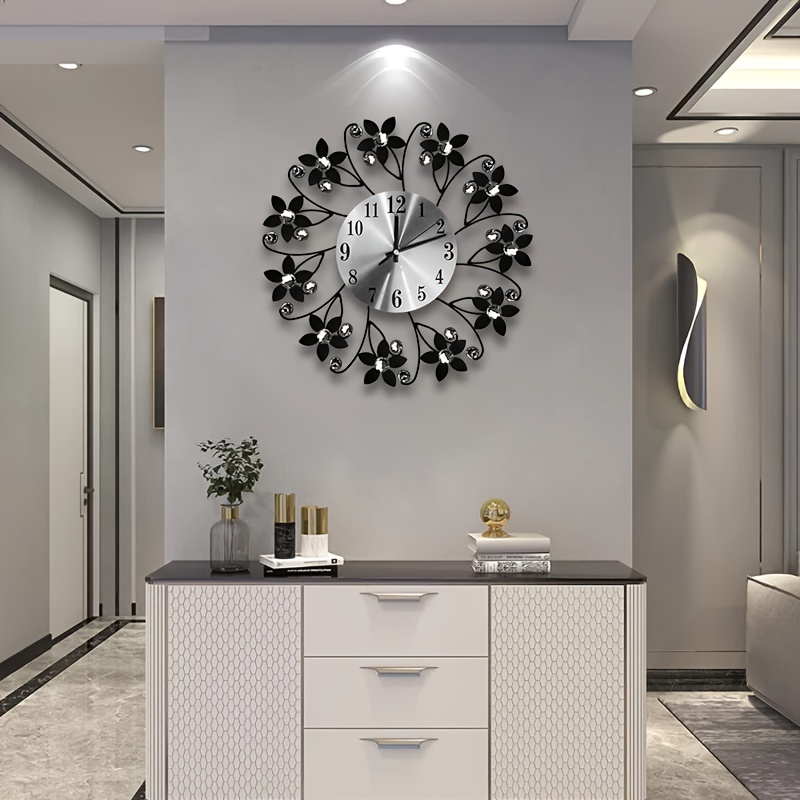 

15 "large Wall Clock For Living Room Decoration, Non-ticking Quiet Metal Petal Dial Glass Large Wall Clock Black Crystal For Bedroom, Bedroom, Kitchen And Small Space Decoration, Christmas,