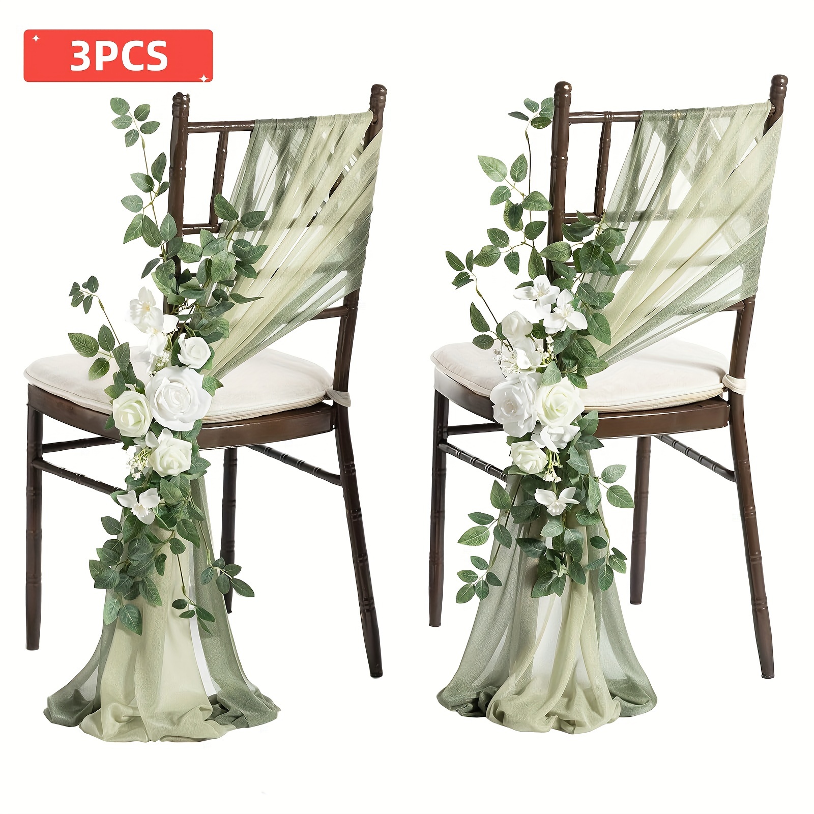 Image of 3pcs Set (1pc Artificial Flower And 2pcs Tulle Curtains) Artificial Flower Wedding Decoration Chair Back Flowers Chair Back Tulle Wedding Decoration Chair Decoration Wedding Party Wedding Supplies