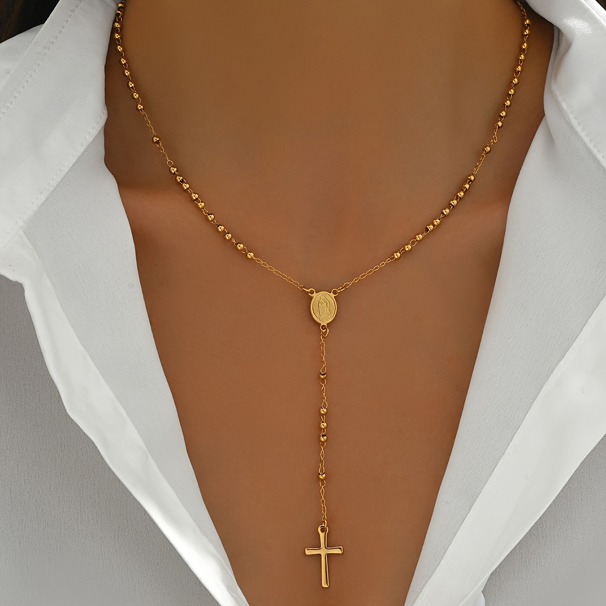 Image of Women's Bead Necklace With Men' Steel Religious Cross Pendant, 18k Gold Plated Classic Minimalist Y-shaped Necklace, Suitable For Daily Wear And