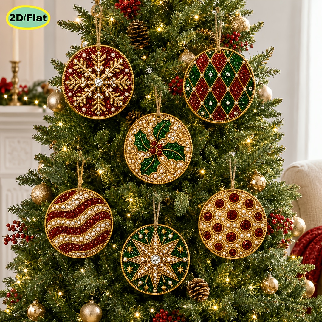 TEMU Hot 6pcs Pearl Diamond Painting Wooden Tag Pendant Set Retro Snowflake Holly Christmas Theme 2d Flat High Definition Printing 3.07 Inches Full