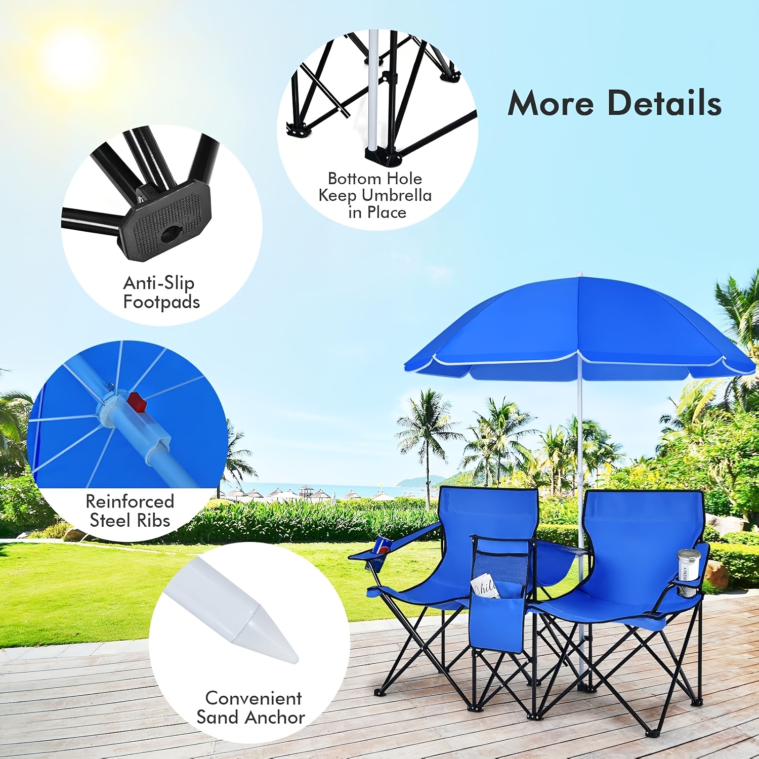 deluxe portable folding dual chair set built in umbrella cooler table beach camping backyard relaxation Product details 2