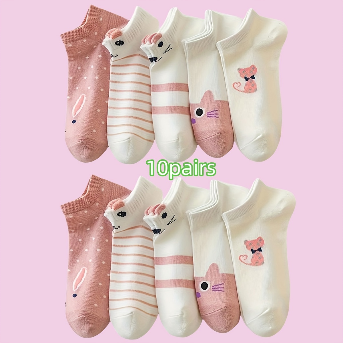 

10 Pairs Women's Cartoon Cat Ankle Socks Boat Socks, Summer Breathable Comfortable Ankle Socks Athletic Socks