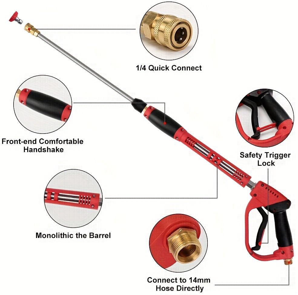 High-Pressure Cleaning Gun with Replacement Wand, 5 Nozzle Heads, M22 Connector, 39 Inches Long, 5000 PSI.
