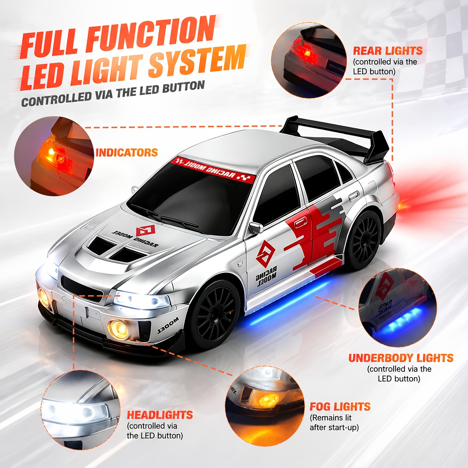 Drift Car 1/24 Scale Toy -red Color With Led Headlights Rechargeable Battery Gift, Cool Lighting Effects