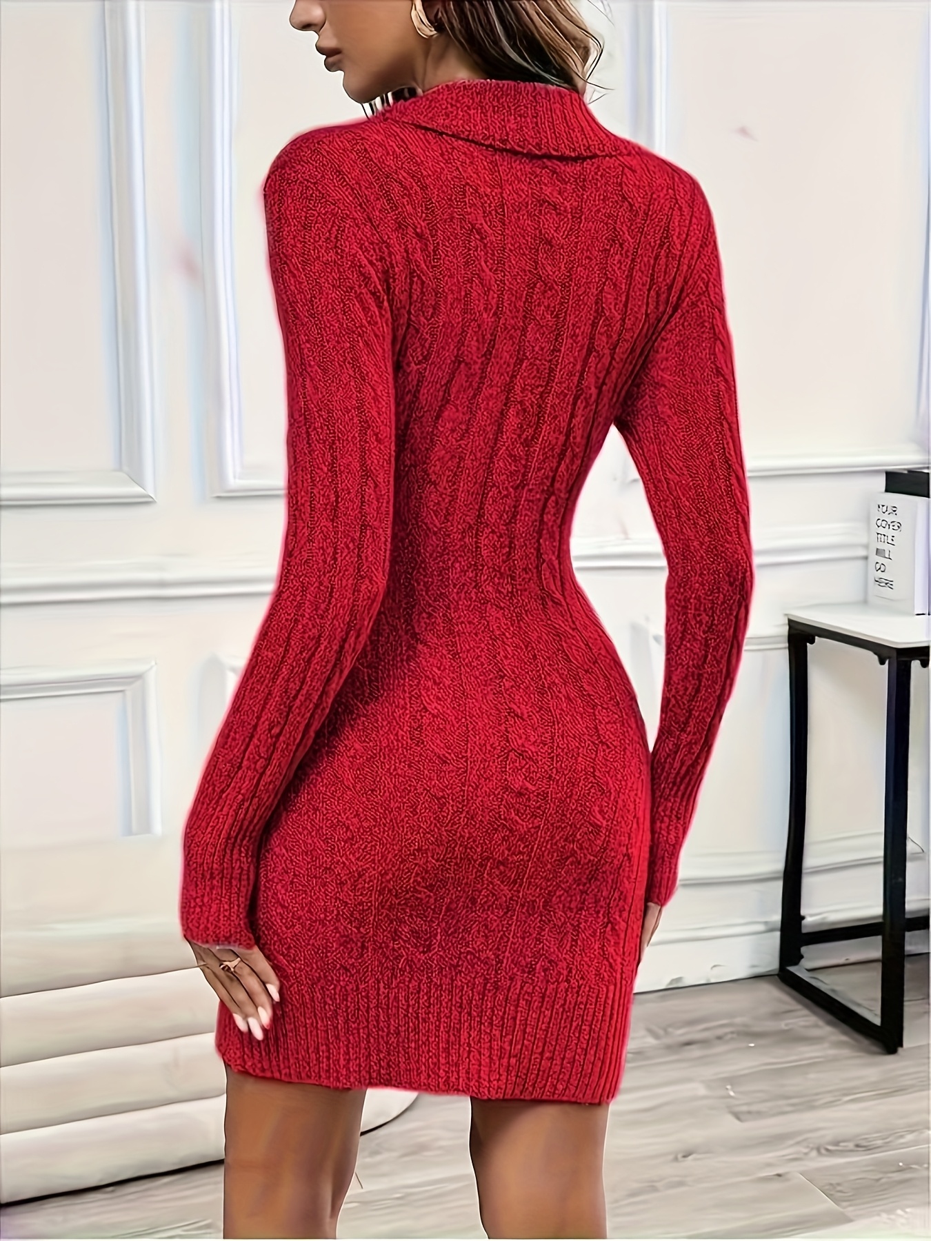 Christmas Women'S Elegant V-Neck Sweater Dress - Long Sleeve, Button Front, Solid Color, Bodycon Fit, Fall/Winter Collection, Casual to Formal Wear, Casual Attire, |Vneck Dress|Button Front Dress, Sweater Dress