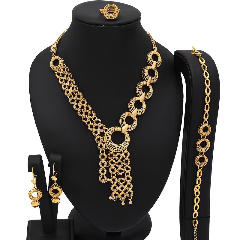 luxury middle eastern indian jewelry set bridal banquet festive alloy accessory 4 piece set with necklace bracelet earrings ring indian style luxury fashion gifts for eid details 4