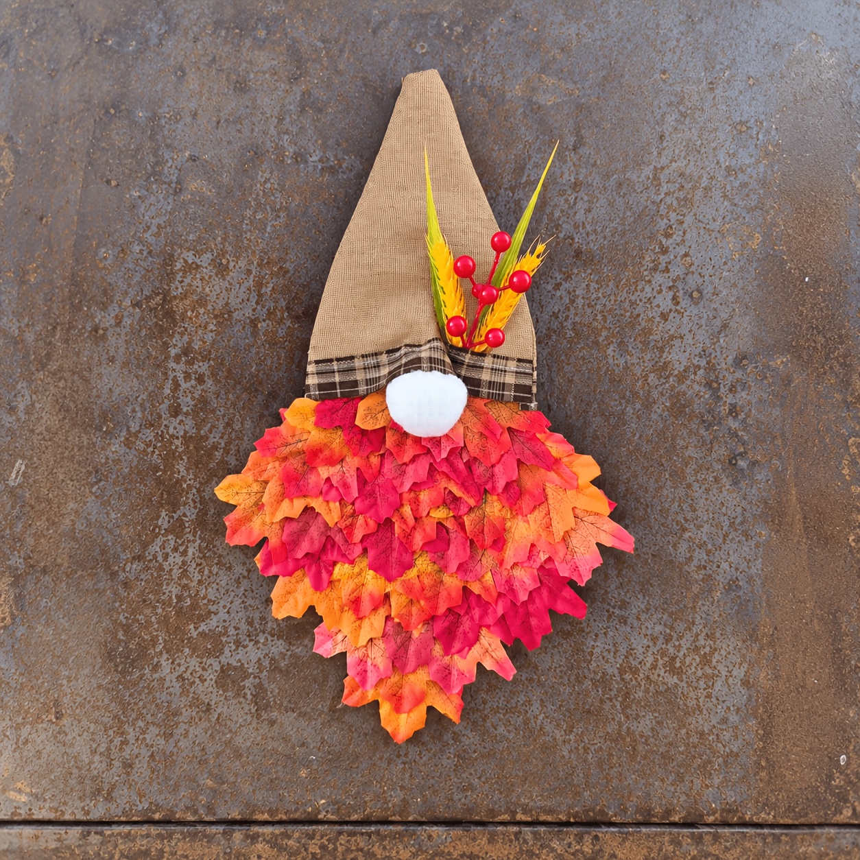 TEMU 1pc Gnome Door Hanger - Thanksgiving Burlap Wreath With Maple Leaf Beard & Dried Wheat - Rustic Farmhouse Fall Wall Decor For Home Entryway &