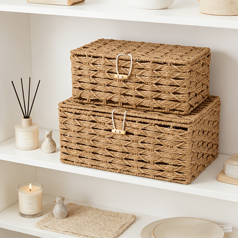2pcs Storage Baskets with Lids, Buckle Small And Large Combination Storage Boxes, Dressing Table Desktop Cosmetics, Bathroom Cabinet Kitchen Sundry Storage Baskets, Shelf Baskets