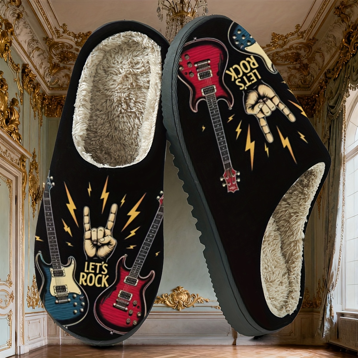 TEMU Pantoufles tendance et cool avec geste de guitare rock, dans une de base noire personnalisée, guitare électrique et de rock entrelacés, pleines