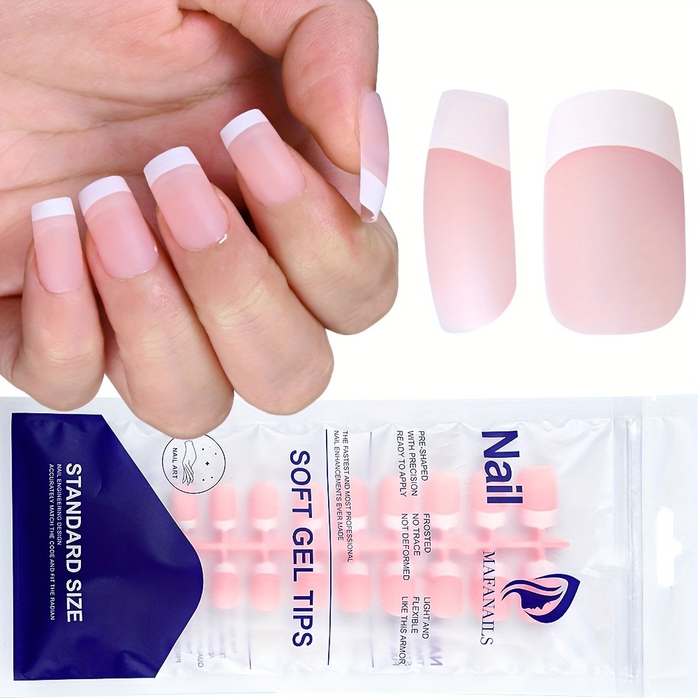 

120pcs Chic French Short Square Press-on Nails - Nude With White Designs False Nails - Acrylic Glossy - For Fashionable Women & Girls