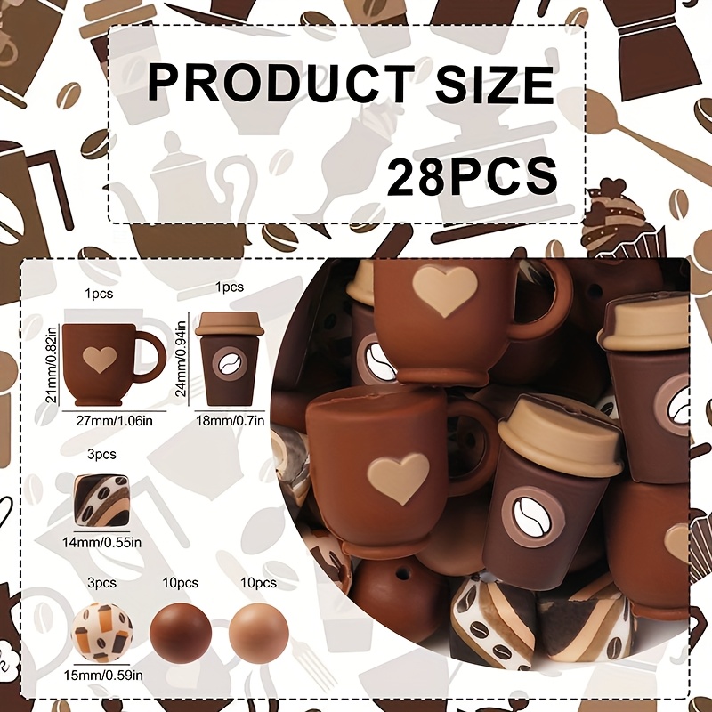 Image of 28pcs Cute 3d Coffee Theme Silicone Beads, Printed Square Heart Shape , Beads For Jewelry Making, Perfect For Bracelets, Lanyards, Bead Pen Additions, Holiday Decorations