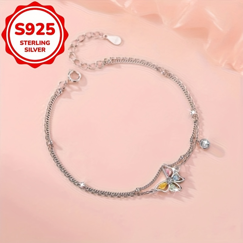 Women's S925 Sterling Silver Rhinestone Butterfly Finger Chain, Hypoallergenic