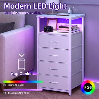 4 Drawers Night Stand with Charging Station, Nightstand with LED Light, Black/White Side Table for Bedroom, Living Room, Storage Drawer Units