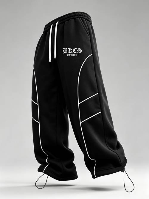 item picture halloween pre heating trendy mens fashion wide leg pants mens casual drawstring letter embroidered long trousers gothic style letter slogan print decor street style adjustable ankle cinching drapey trousers