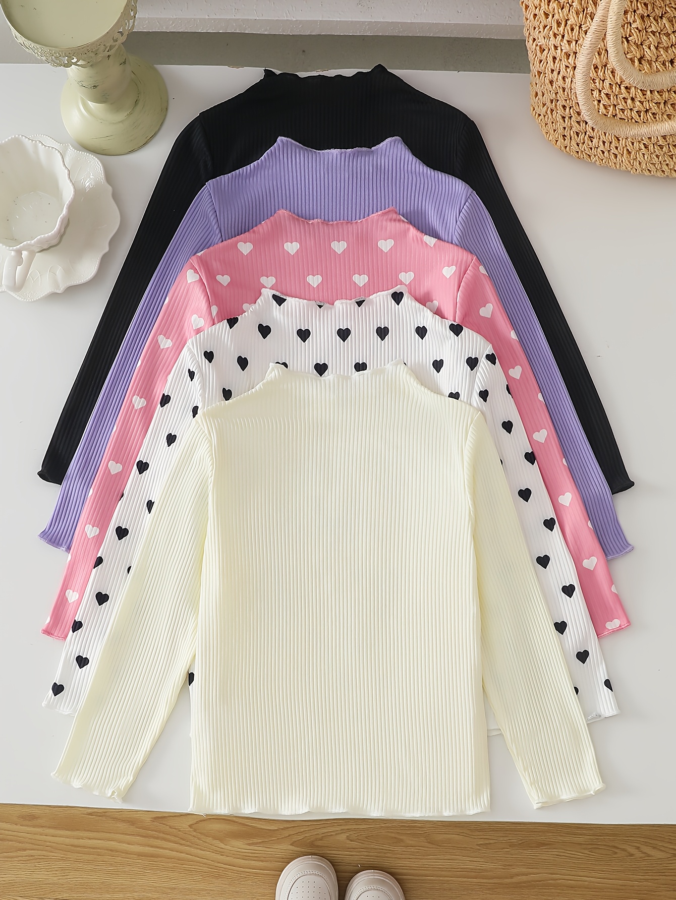 5pcs Girls' Heart Pattern Long-Sleeve Tops Set, Spring/Autumn