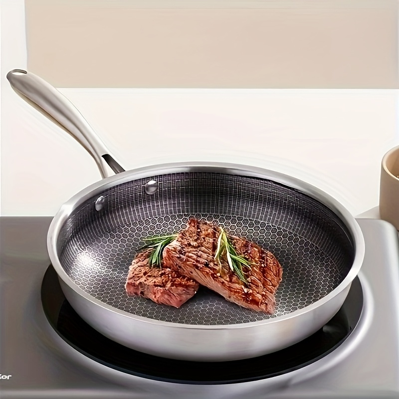 1pc professional stainless steel nonstick fry pan - heavy-duty construction,   heat distribution, compatible with gas, electric, induction stovetops - ideal for steak, eggs, fish, pancakes - modern kitchen cookware with easy-  - ideal for home cooks & professional chefs, frying pan non stick, outdoor grilling, sleek  , durable kitchenware, versatile cooking, ergonomic handle,   material, cooking enthusiasts 0
