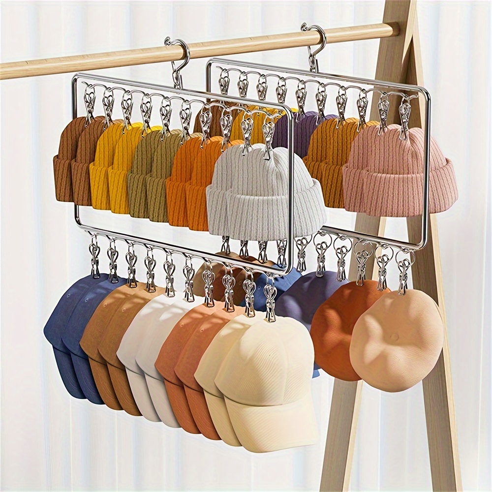 

Hat Storage Rack With Hooks And Clips, Closet Stainless Steel Hat Hanger With 20 Clips, Baseball Cap Rack Hat Storage Rack, Closet Space Saver For Hats, Socks, Clothes Drying And Bedroom Accessories