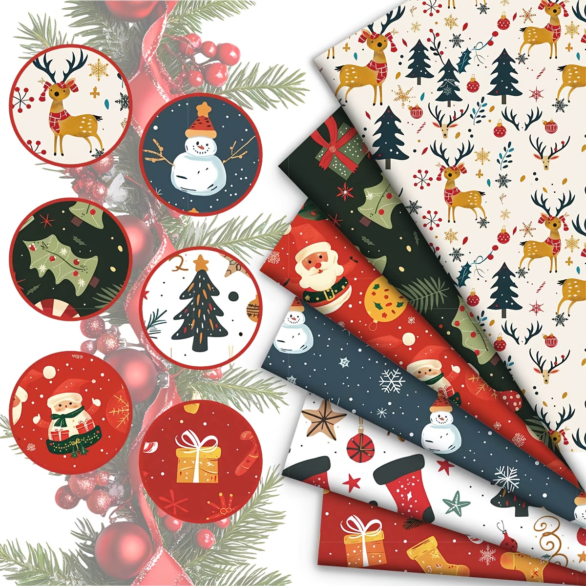 TEMU 6pcs Christmas-themed Set, Featuring Santa Claus, Reindeer, Snowman, Christmas Tree, Gifts, And Snowflakes, In A Cute And . Quarters Fabric