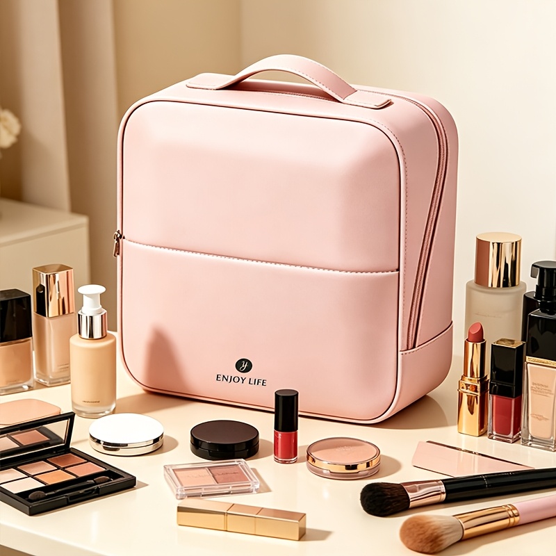 TEMU Lightweight Pu Travel Makeup Bag With Detachable Compartments, High-quality Portable Cosmetic Organizer, Spacious Beauty Storage Box, Suitable