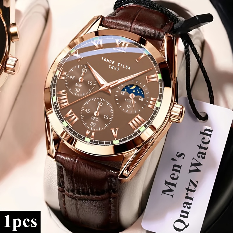 1 Coffee Pu Leather Strap Luxury Watch With Luminous Dial & Roman - Suitable For , Large Round Quartz Wristwatch, Water-resistant For Swimming,, Daily Wear,, Anniversaries