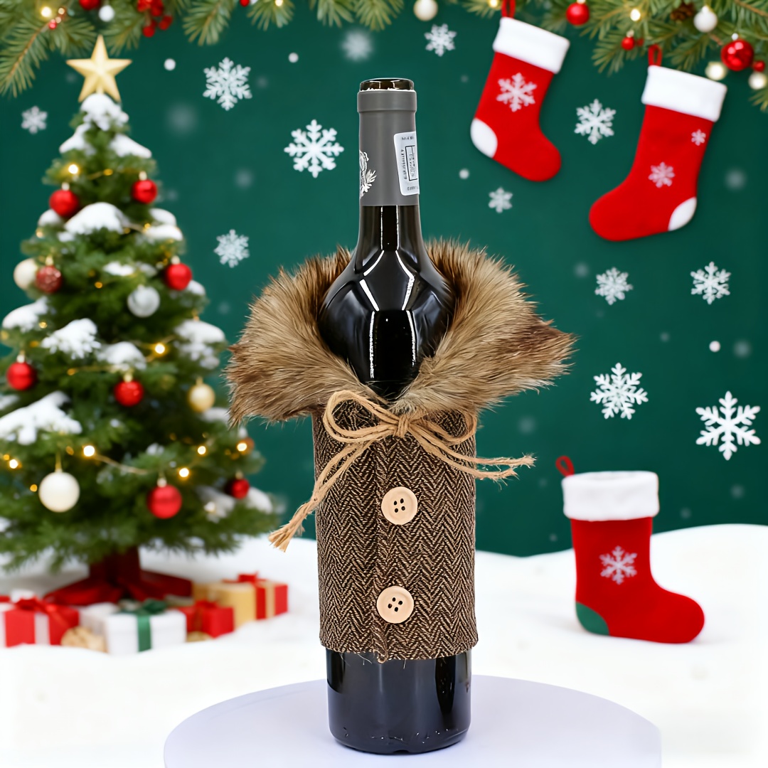 A Set of 2 Festive Wine Covers with Plush Collars, Perfect for Table Decoration, Holiday Party Attire for Wine s, Red Wine Covers, And a Gift Set for Wine That Enhances Dining Table Decor, Complete with Bow Decorations - Ideal fo