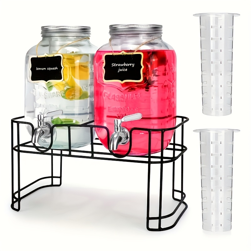 2pcs Set - 1 Gallon Glass Beverage Dispenser With Stainless Steel Spigot | Large Capacity Christmas Holiday Party Beverage And Liquor Dispenser, Square Shape, Non-electric