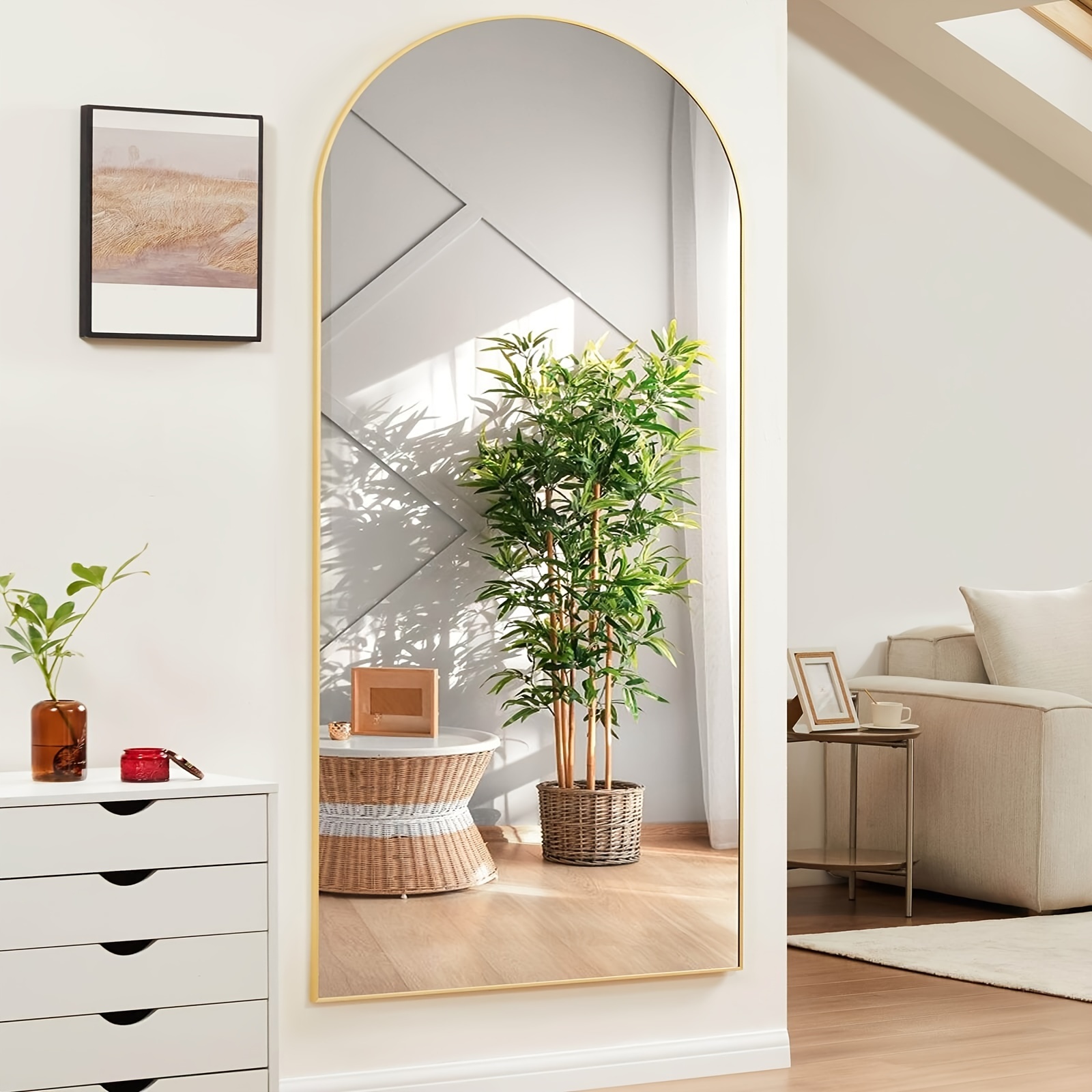 

1pc Full Length Mirror, Arched Full Body Mirror, Floor Standing Mirror, Hanging Or Leaning Against Wall, Wall Mirror With Stand And Aluminum Alloy Frame, For Living Room Bedroom Cloakroom