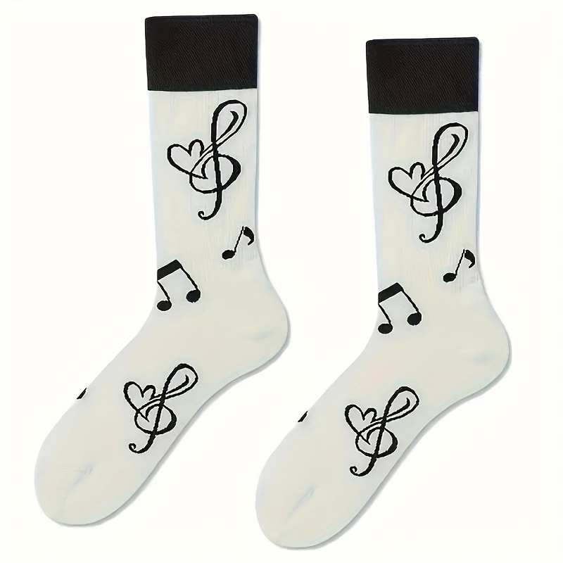 TEMU 1 Pair Of White Mid-calf Socks With Musical Note Patterns, Unisex, Comfortable, Stylish, And Mid-calf Socks, Men's Stockings And Pantyhose