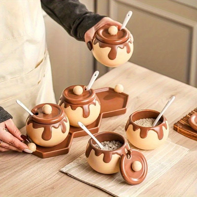 ceramic spice jar with spoon beige   decor mini condiment container with matching spoon cute tabletop decoration for countertop dining table or gift ideal for spices sugar coffee easy   countertop organizer Product details 0
