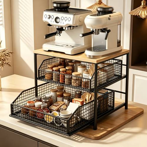 space saving kitchen countertop organizer with drawer and metal basket sturdy hardwood and carbon steel double layer storage rack suitable for coffee machines utensils spices and microwave durable