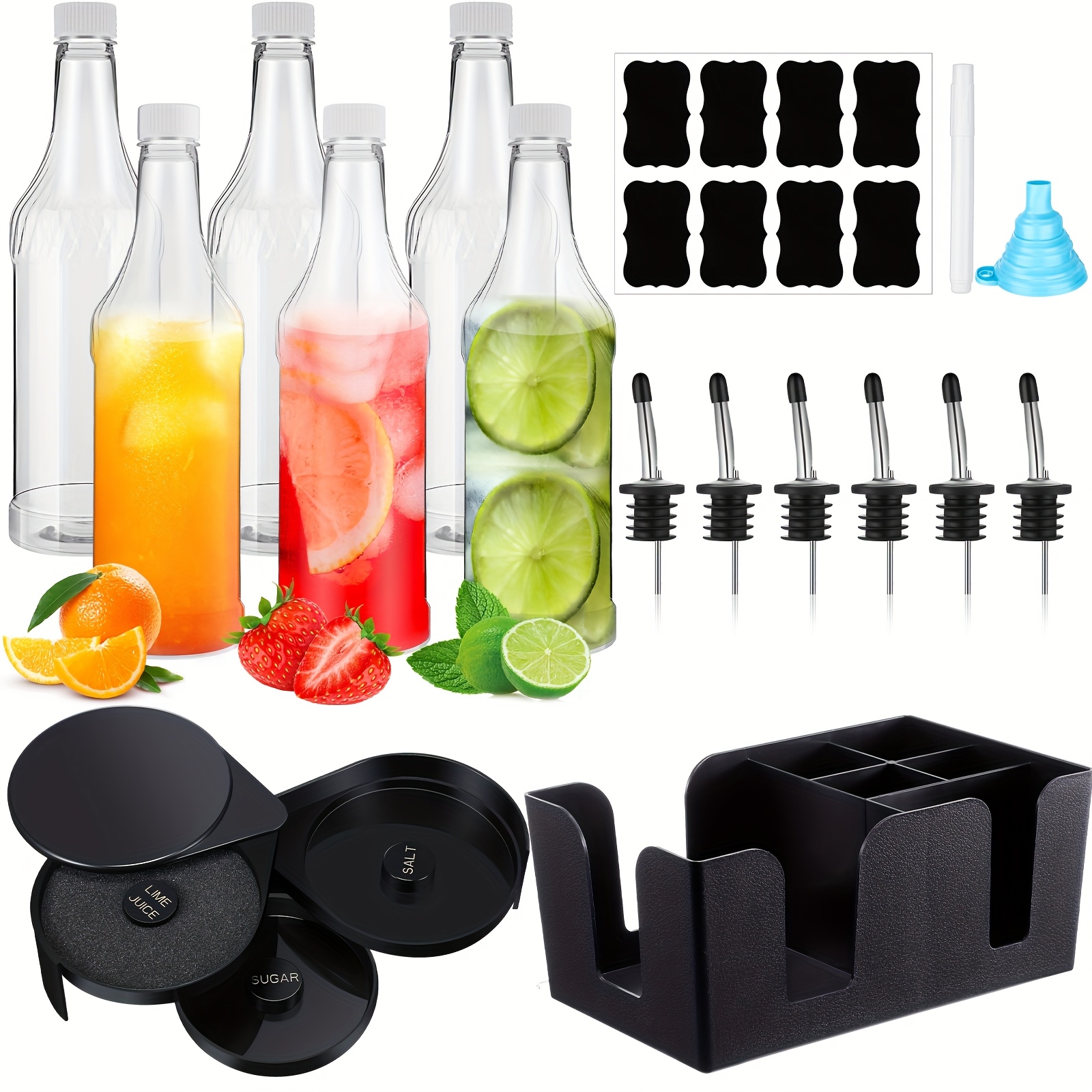 Dandat 15-Pc Bar Caddy Set - 3x 32oz Bottles, Speed Pourers, Rim Tray, Condiment Container & Mat