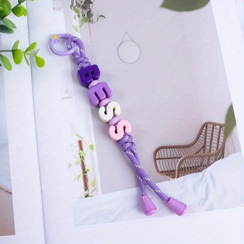 TEMU 1 pièce Porte-clés personnalisé en corde tressée avec perles lettres en acrylique colorées, Porte-clés fleur , Breloque de sac minimaliste, Nom