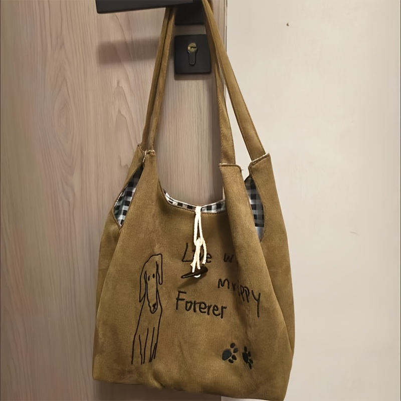 TEMU "" Large-capacity Tote Bag, Korean-style Puppy Shoulder Bag, Fashionable Handbag, Embroidered Puppy Pattern, Plaid Lining, High-quality ,