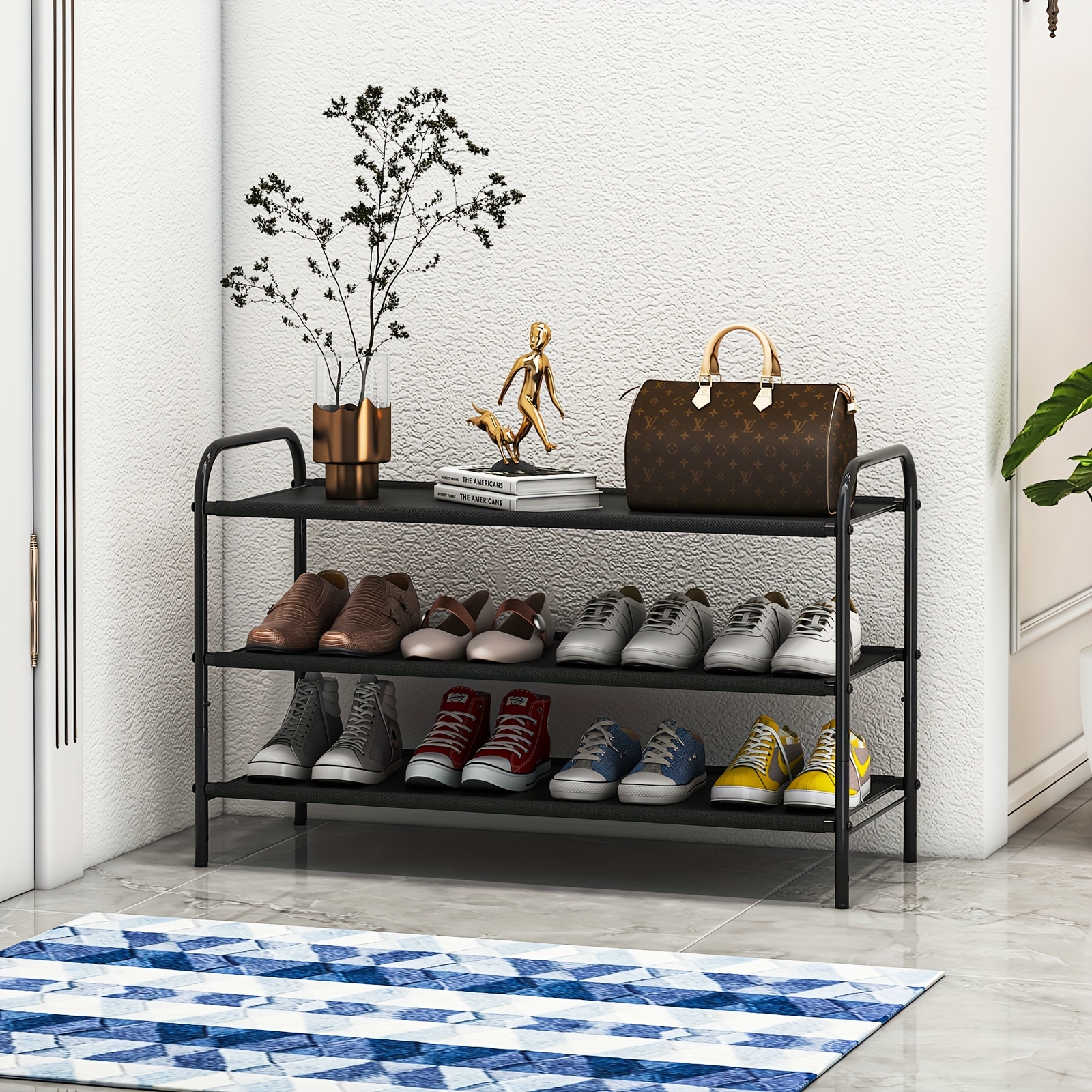 

3 Tier Stackable Shoe Rack Organizer Storage, Adjustable Fabric Shoe Shelf For Closet Closet Hallway Bedroom Entryway, Black