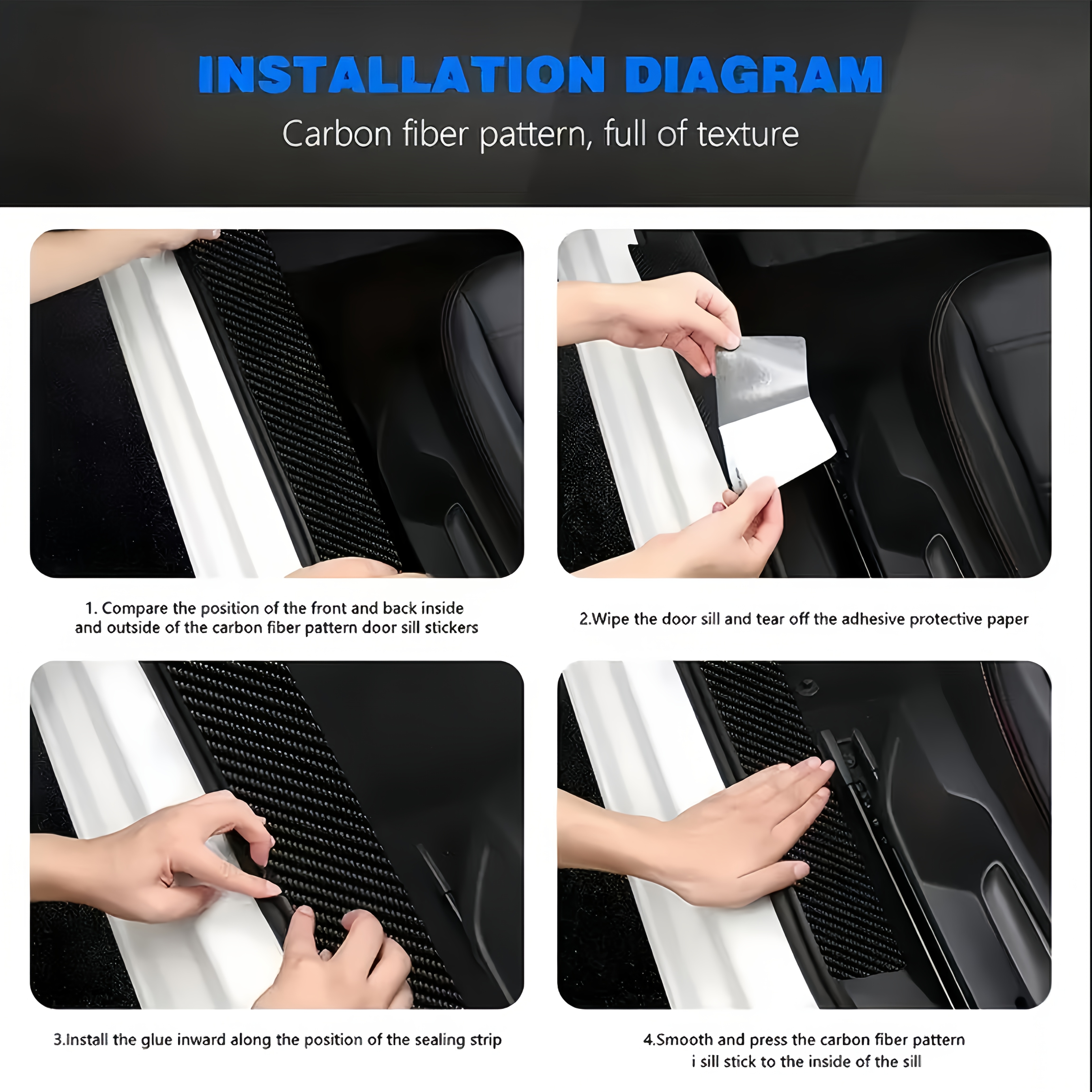 4pcs, 5D carbon fiber threshold strip sticker