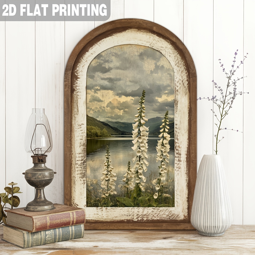 TEMU Plat 2D, 1 pièce, Panneau en bois avec fleurs de digitue blanches rustiques sur une de bord de , Décoration murale paysage naturel, Parfait pour