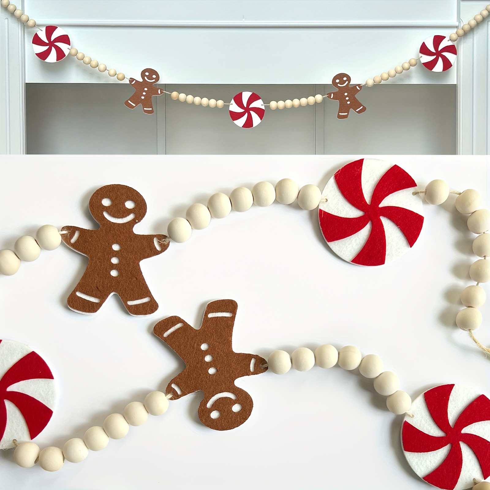 

Bohemian Style Gingerbread For Man & Candy Felt Garland - Festive Christmas Decorations For Home, Tree, And Wall Holiday Embellishments