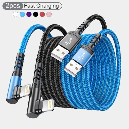 2pcs usb a to lightning cable for iphone 14 13 12 11 x xr 7 ipad fast charging cable high quality l shaped design woven anti bite extended mesh tail black blue rose golden silvery length 3 3ft 6 6ft 9 9ft
