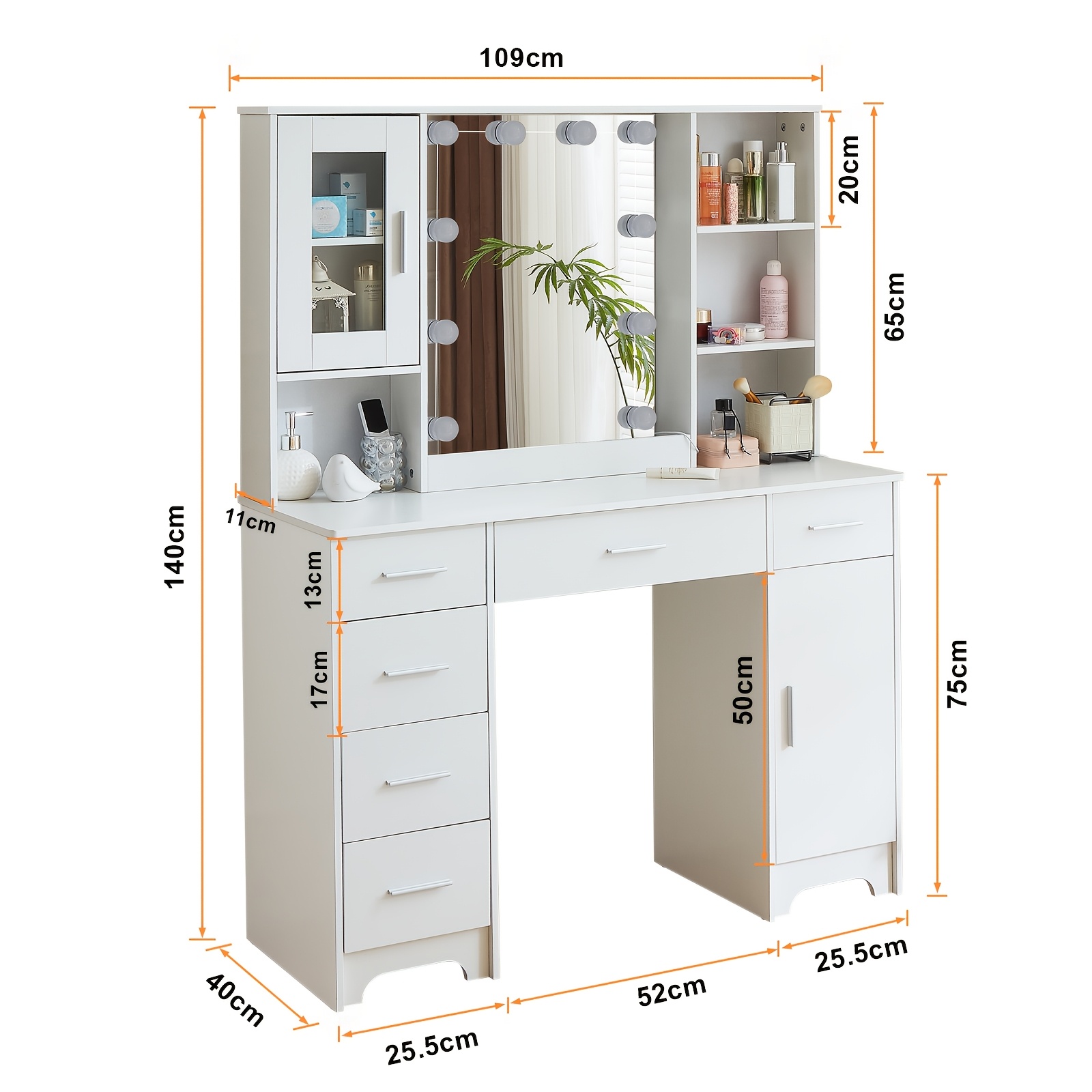 Stylish Lighted Vanity Set with Hollywood Mirror & Ample Storage