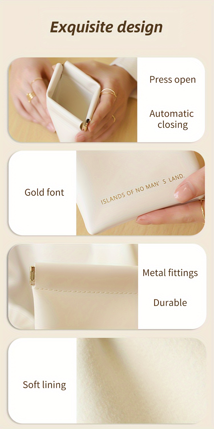 1pc Automatic Closure Portable Organizer Pouch - Premium Synthetic Leather Travel Case for Lipstick, Earphones, Cables & Keys - Lightweight Compact Design in Caramel/Milk White/Black, Pouch Bag, Everyday Convenience, Sophisticated Accessory, Quality Craftsmanship