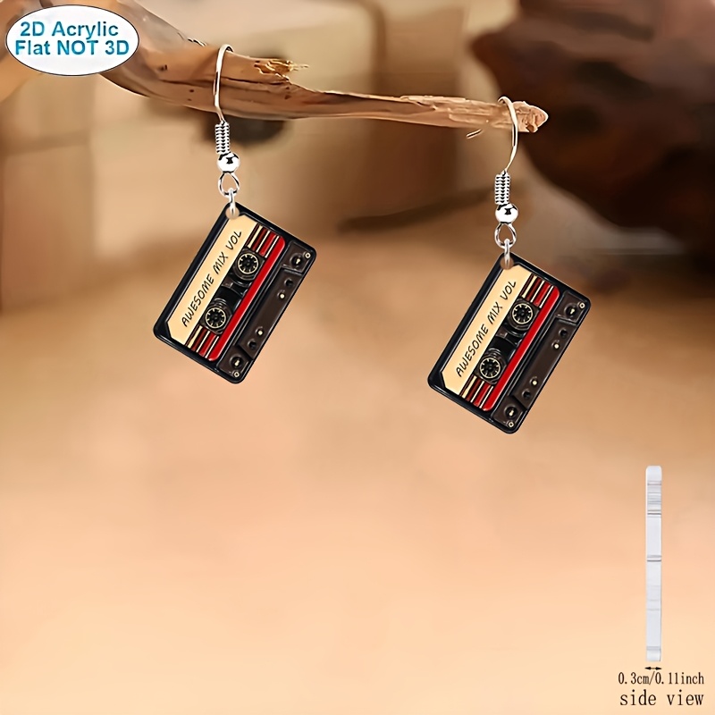 E-shop 2D Flach, 2D-1 Paar Vintage Rote Kassette Druck Flache Acryl Ohrringe für Musikfestivals, Partys Casual Outfits – Lustiger Schmuck