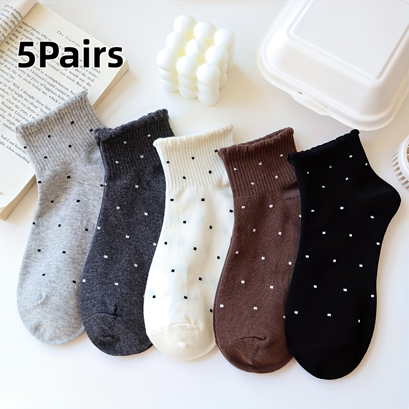 Image of 5-pair/bubble-toe Polka-dot Lace Coffee-colored Women's Ankle Socks, Vintage Color, Versatile Socks Suitable For