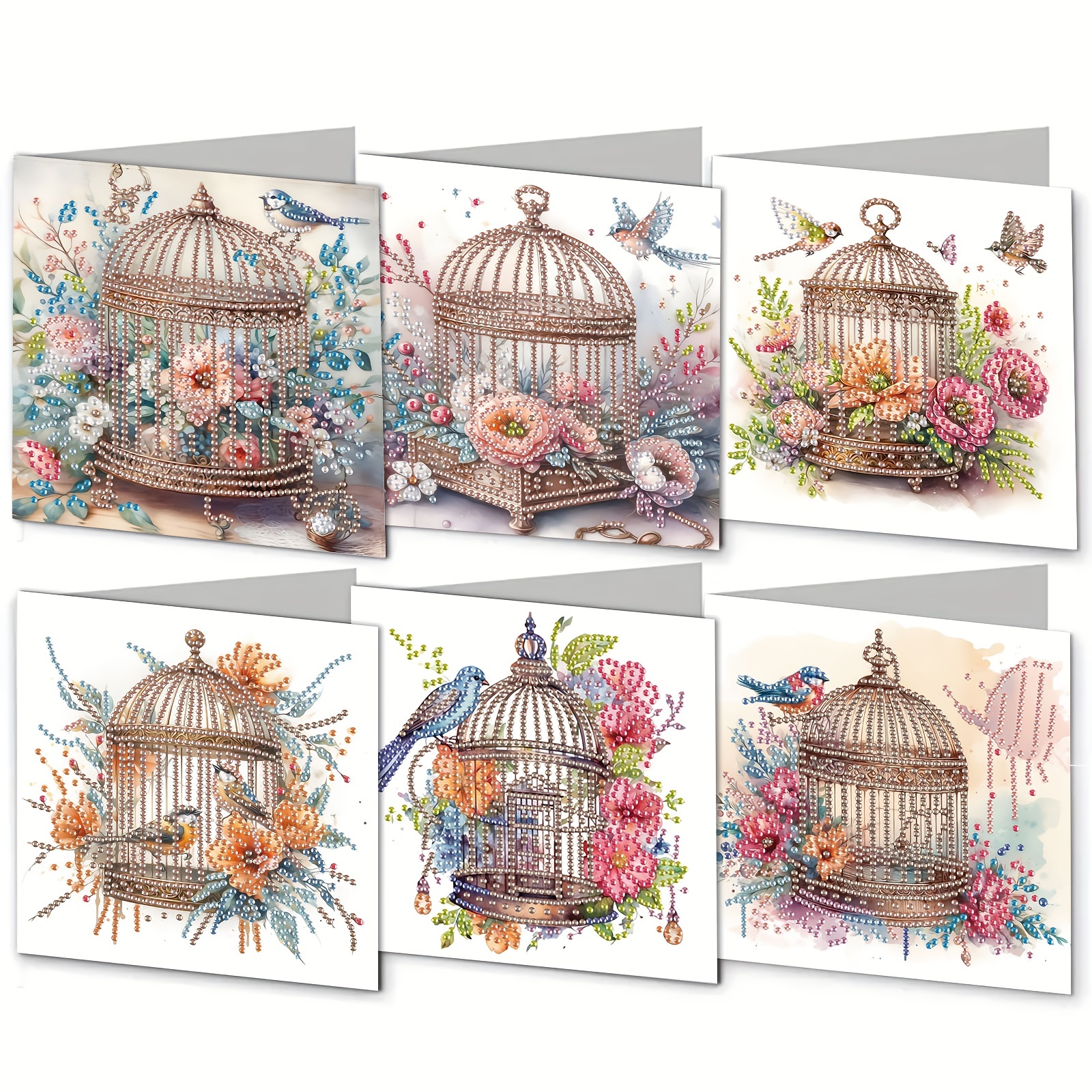 

6pcs Diy Diamond Painting Kit - Birds & Flowers In , Unique Shaped Diamonds, Handcrafted Greeting Cards For New Year Wishes, Paper Craft Set