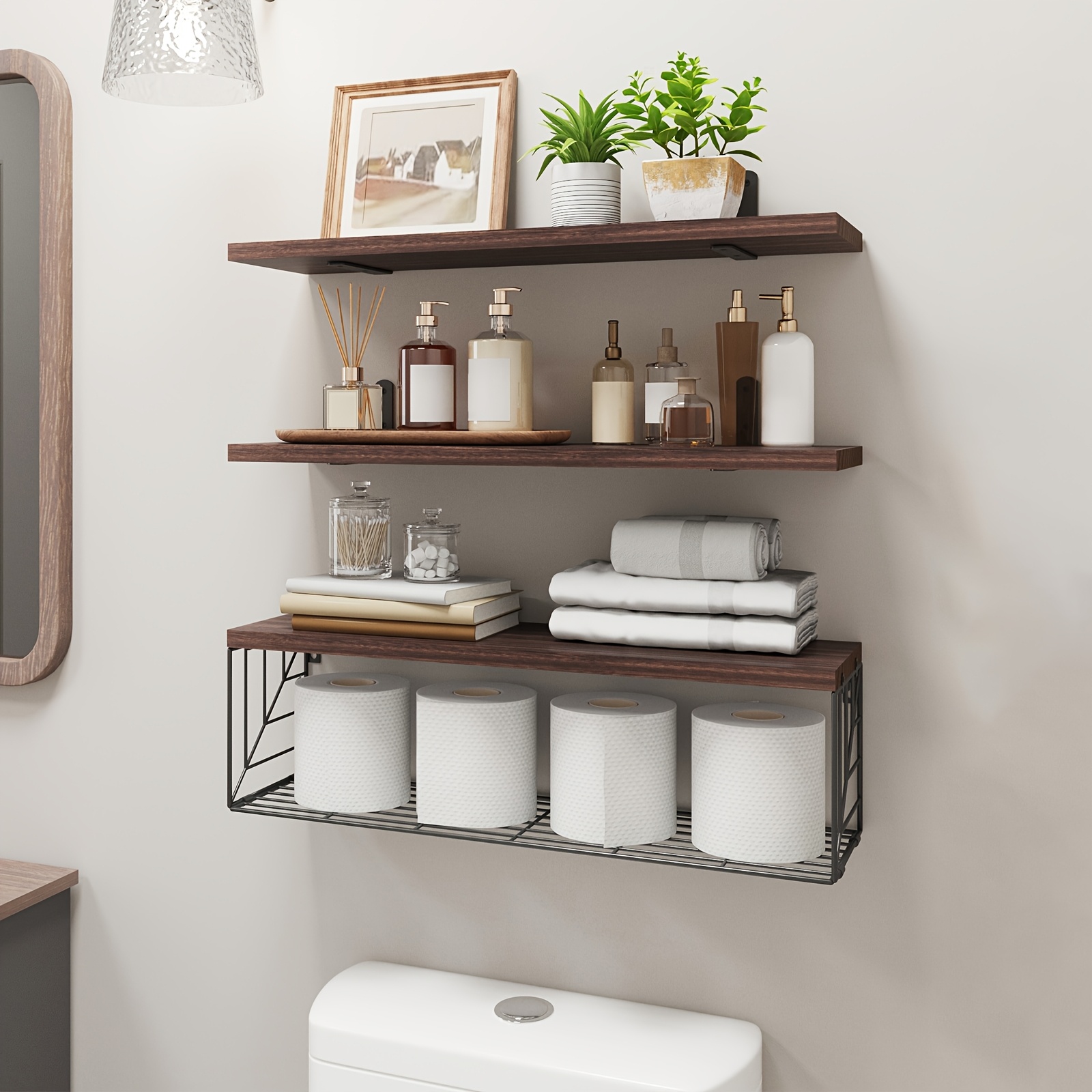 TEMU Superlele 2+1 Tier Floating Shelves, Wall Shelves With Towel Rack And Storage Basket, Wall Shelves For Bathroom, Living Room, Bedroom, Kitchen, Light Brown