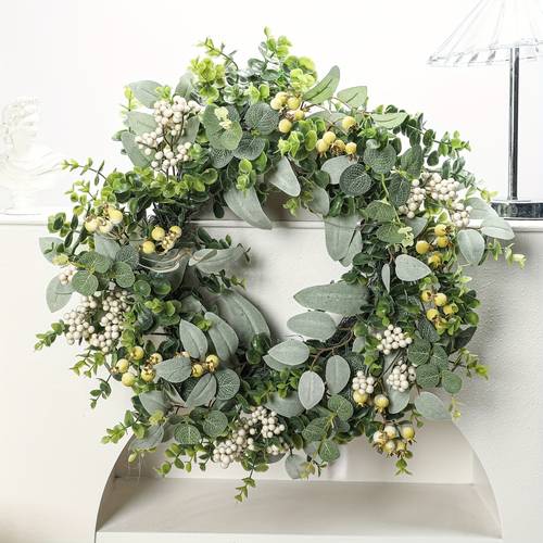 1pc front door artificial greenery wreath with berries rattan made designed with clustered eucalyptus leaves and delicate foliage indoor outdoor use decor and front door ornament