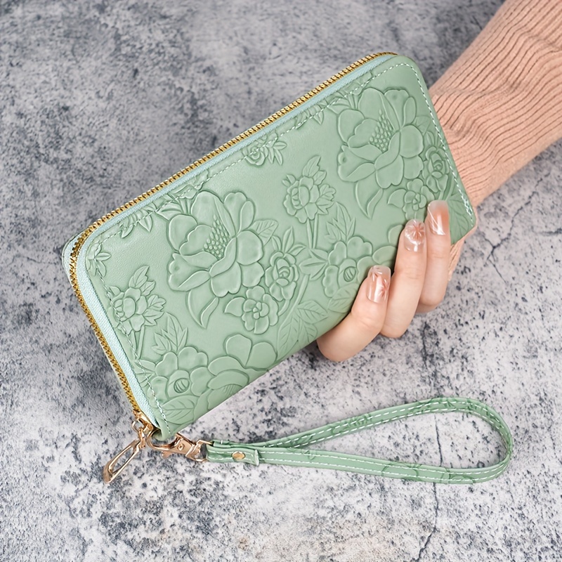 TEMU Floral Embossed Faux Leather Wallet For Women, Large Capacity Zippered Clutch With Card Slots And Phone Pocket, Wrist Strap Clutch Coin Purse