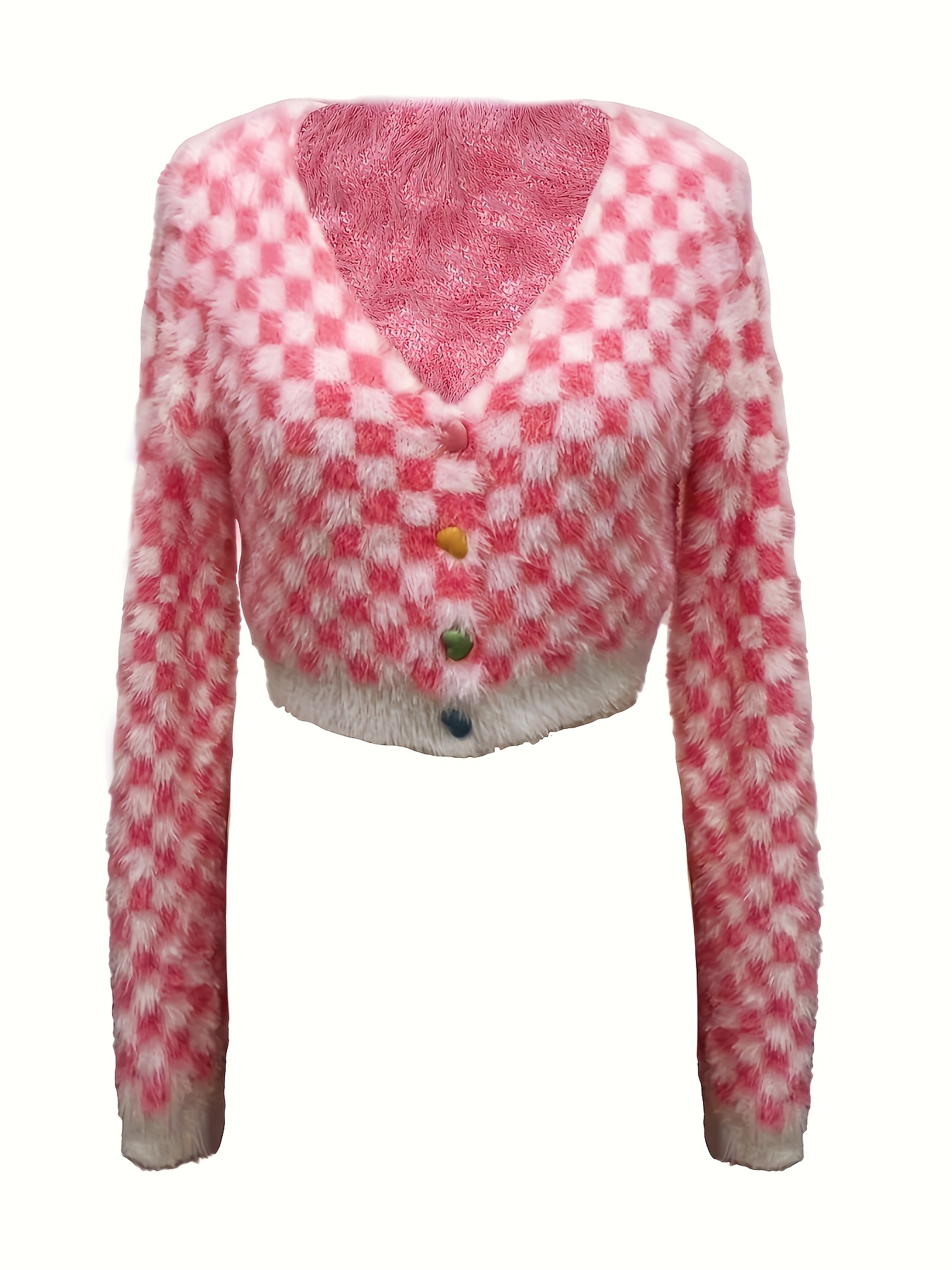 Y2K-Inspired Pink White Checkered Cardigan with Colorful Buttons Plush  Fur V-Neck Sweater for Women, Long Sleeves, Fall/*